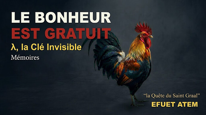 Provisional cover of the thesis "Happiness is Free" by Efuet Atem. The rooster, a central figure, and λ, the invisible key to this "Quest for the Holy Grail," are highlighted against a dark and elegant background. (Credit: Image generated by artificial intelligence)