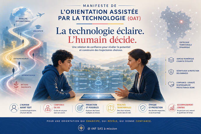 « La technologie éclaire. L’humain décide. » Une matérialisation visuelle du paradigme de l'Orientation Assistée par la Technologie (OAT). Face au conseiller certifié, notre triptyque technologique unique — Jumeau Numérique Cognitif, graphe territorial et algorithme de best fit — se met humblement au service du jeune et de son conseiller pour briser la complexité des parcours, lever l'anxiété et redonner confiance.